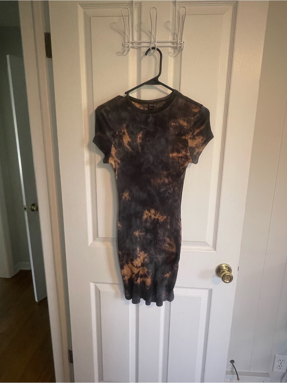 SHEIN Ribbed Tie-Dye Short Sleeve Dress - Black & Brown